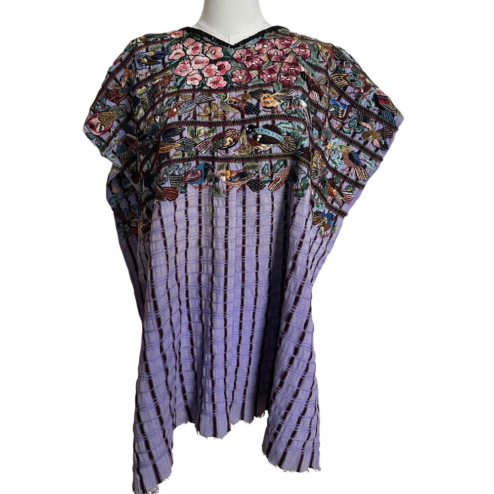 Vintage Guatemalan Huipil‎ Blouse Hand Embroidered Bird Floral Purple Boho